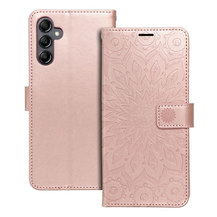 Samsung Galaxy A14 4G / A14 5G kompatibilis könyvtok, bankkártyatartós, mágneszáras, mandala mintás, rose gold, Forcell Mezzo