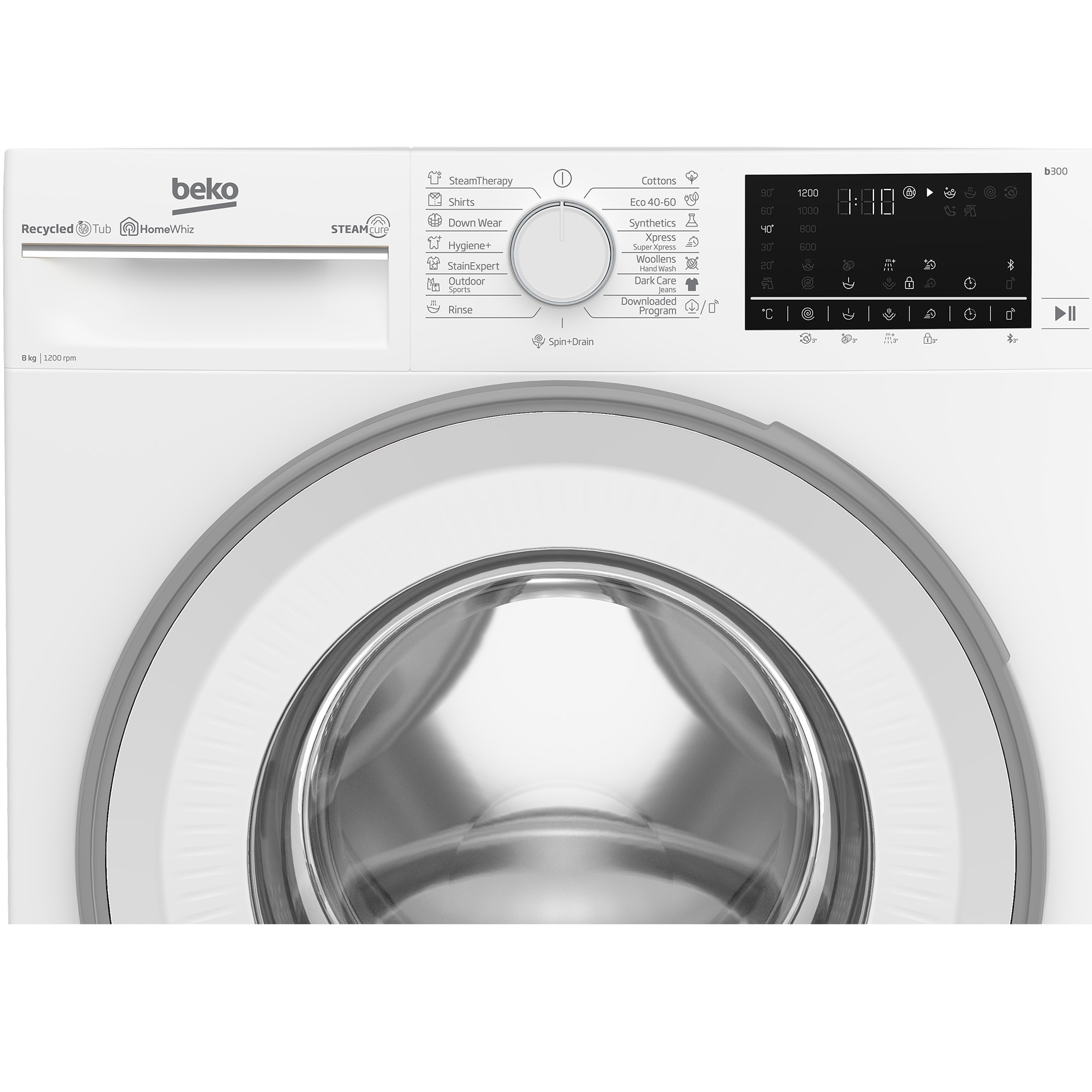 Masina de spalat rufe Beko B3WFU58215W, 8 kg, 1200 rpm, Clasa A, Recycled Tub, Homewiz Remote Control, SteamCure, Motor ProSmart Inverter, AddXtra, Hygiene+ cu SteamCure, Alb