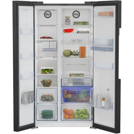 Side by side Beko GN163241DXBRN, 576 l, NeoFrost Dual Cooling, HarvestFresh, Everfresh+, Clasa E, Compresor inverter, Slim tank water dispenser, Twist Ice Maker, H 179 cm, Dark Inox