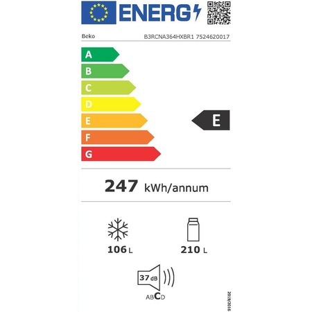Combina frigorifica Beko B3RCNA364HXBR1, 316 l, No Frost, HarvestFresh, AeroFlow, Kitchen Fit, Everfresh+, Clasa E, 187 cm, Dark Inox