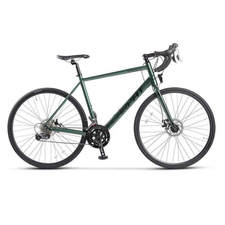 Шосеен велосипед с 28" колела, оборудване Shimano Claris, дискови спирачки, интегрирани лостове Claris, 16 скорости, полуинтегрирани кабели в рамката, зелено/черно, Cyclocross Carpat Hi PRO Limited Edition с алуминиева рамка