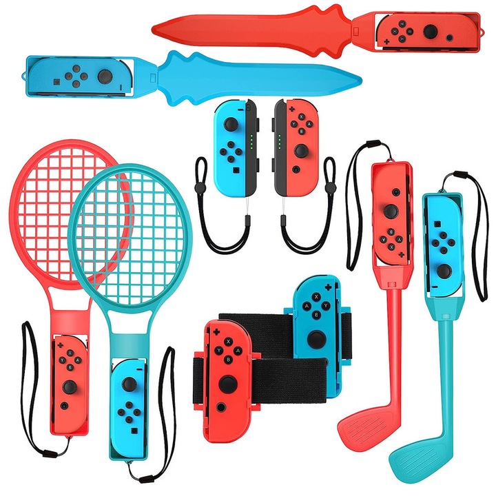 Set accesorii pentru consola gaming, 10 Piese, Compatibil cu Nintendo Switch/Nintendo Switch Oled, Rosu/Albastru