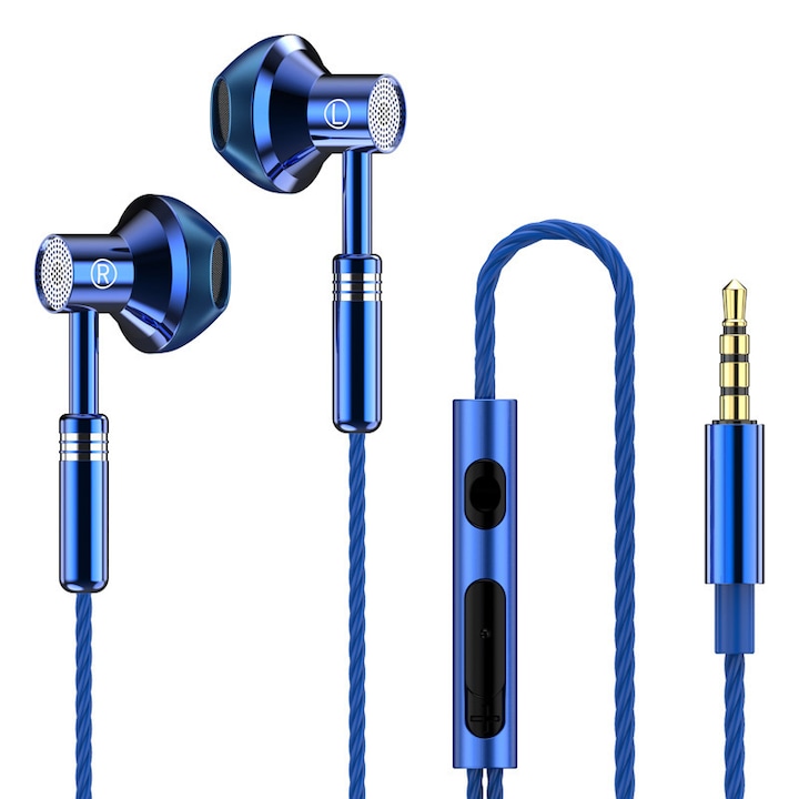 Аудио слушалки, кабелни, за ухо, с микрофон, жак 3,5 мм, сини