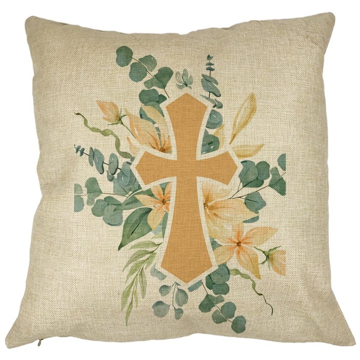 Virágos négyzet alakú díszpárna kereszttel, 40x40 cm, levehető huzat, fújtató