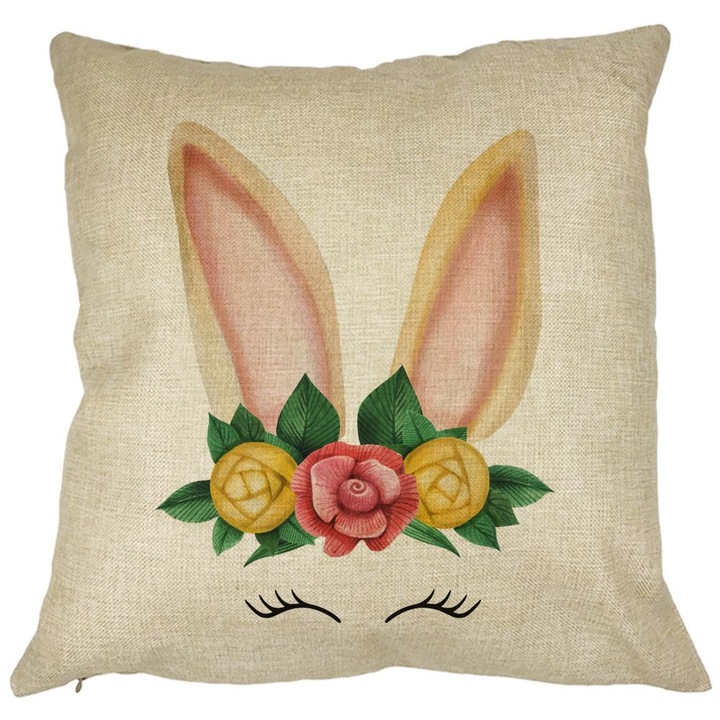 Perna Decorativa Patrata Iepuras Floral, 40x40 cm, Husa Detasabila, Burduf