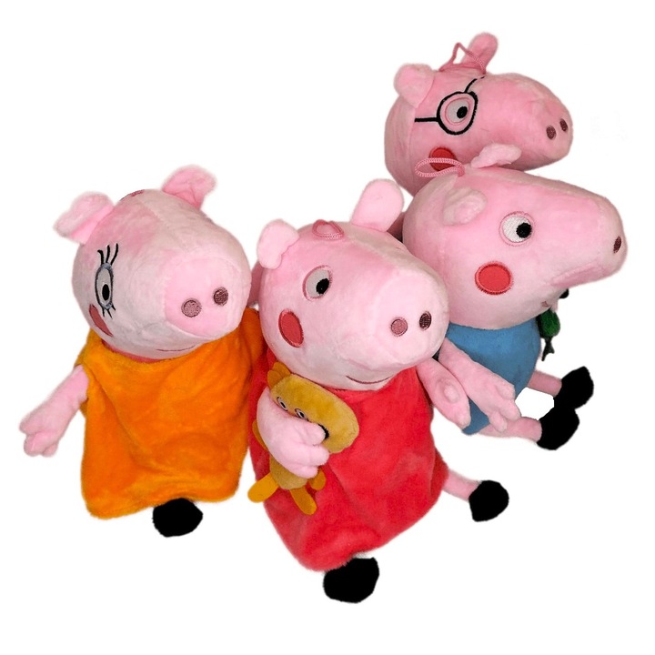 Комплект 4 плюшени играчки, 30 см, Peppa, George, Mama и Papa Pig, Многоцветен
