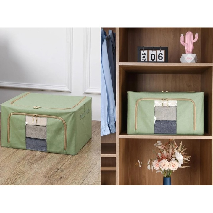 Cutie de depozitare pliabila, OEM, Cu fermoar, 100 L, Textil, 60x42x40 cm, Cadru Metalic, Suport Baza Stabil din Plastic, Verde