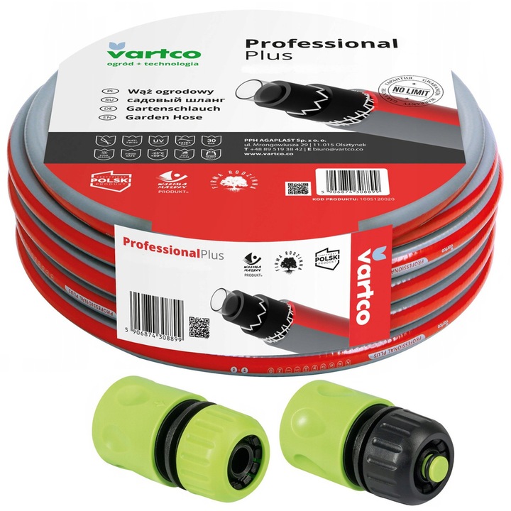 Градински маркуч Vartco Professional Plus, 6 слоя, 30м, 1/2" и 2 връзки