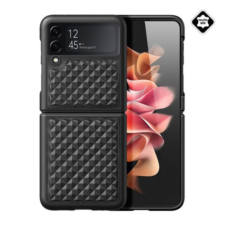 Samsung Galaxy Z Flip 4 (SM-F721) DUX DUCIS VENICE műanyag telefonvédő (valódi bőr hátlap, 3D rombusz minta, prémium) FEKETE
