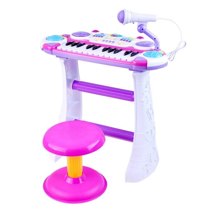 Set complet muzical pian electronic pentru copii cu scaunel, tobe, microfon si lumini, SOLTOY® My Piano, functie de inregistrare si redare, 24 de clape, 16 melodii, roz