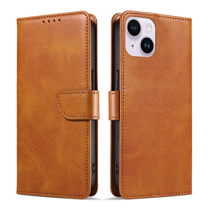 Bőr tok iPhone 13 Minihez, mágneses záródású, pénztárca, világosbarna