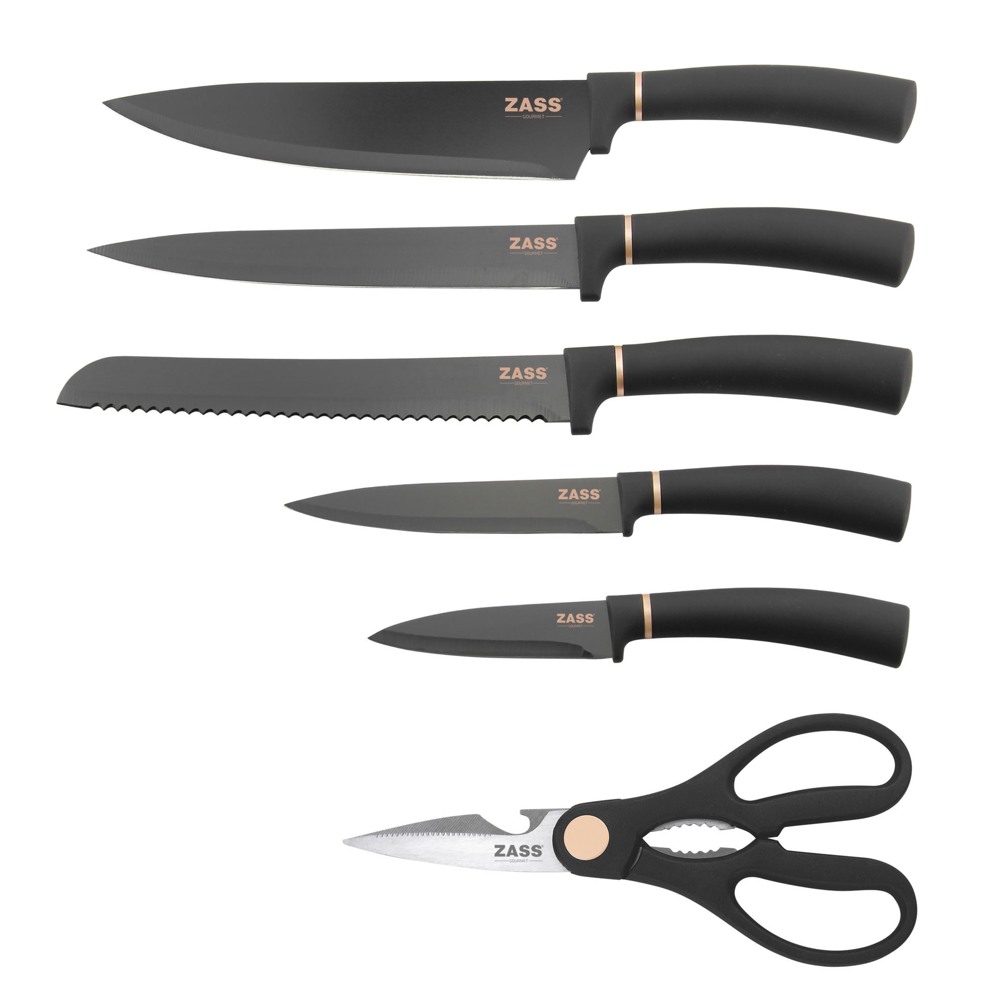 Set cutite de bucatarie 7 piese cu foarfeca si suport din lemn