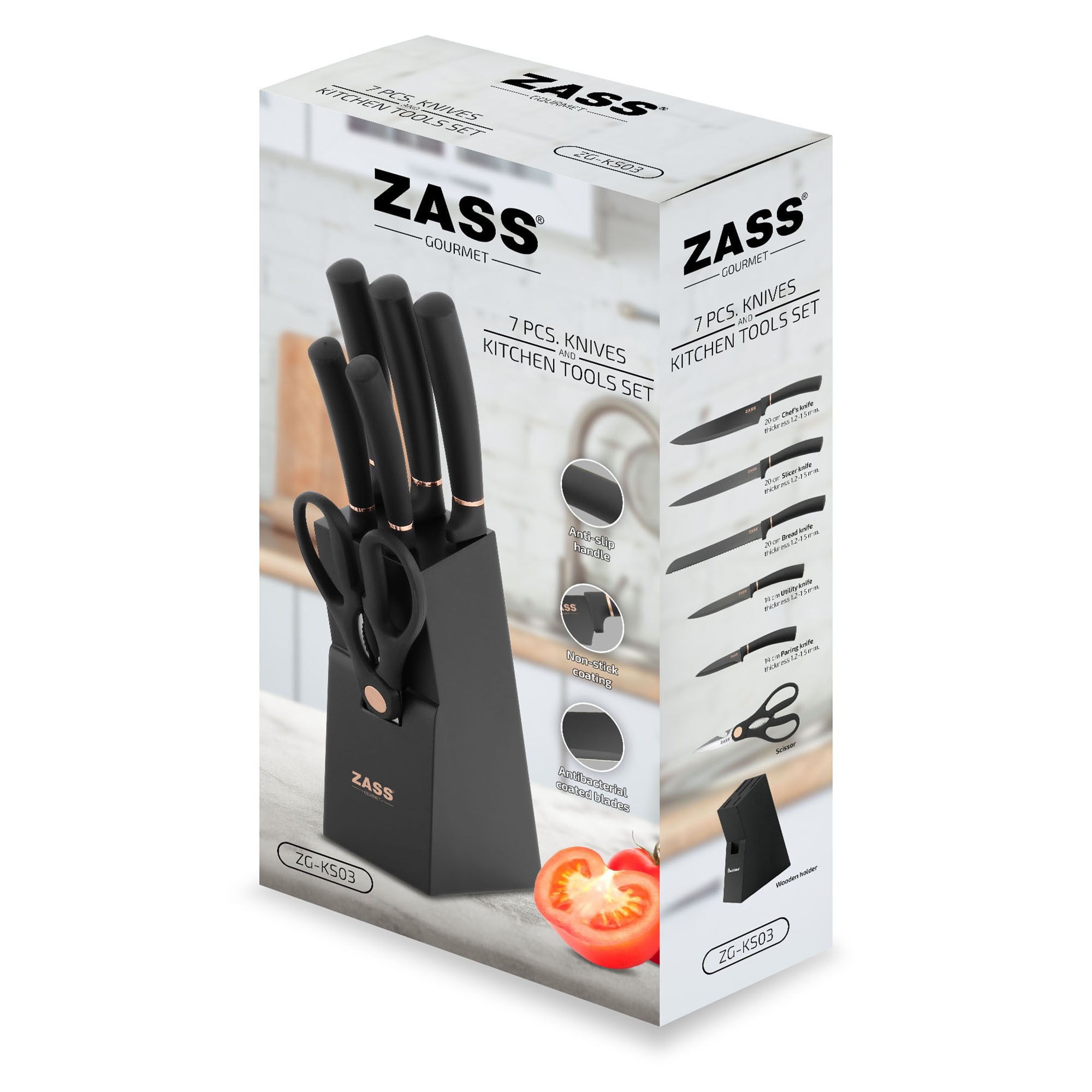 Set cutite de bucatarie 7 piese cu foarfeca si suport din lemn