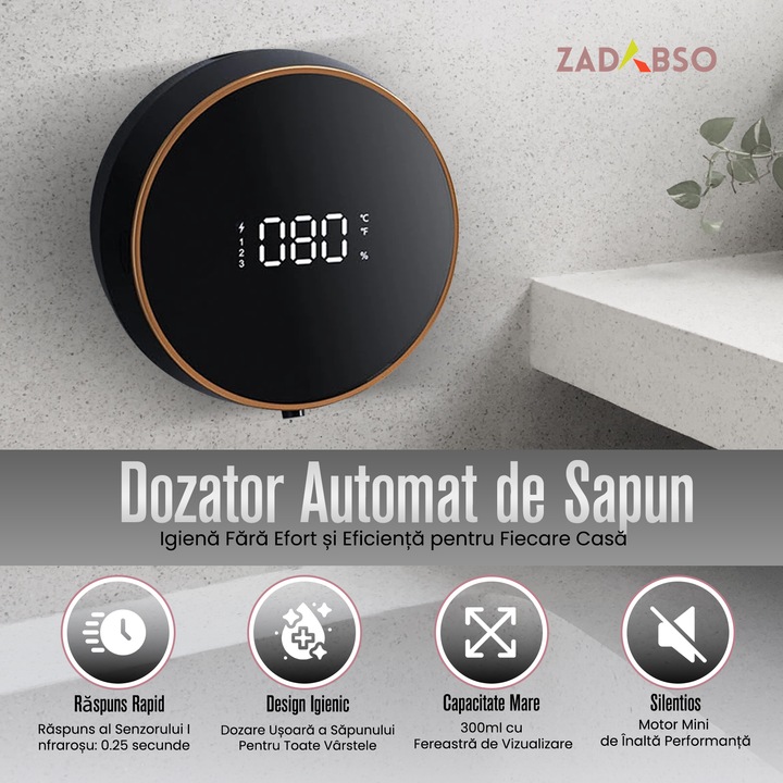 Dozator automat pentru Sapun spuma sau lichid, montat pe perete, Display inteligenta, senzor de miscare, fara atingere, baterie reincarcabila 2000 mAh, 300 ml, negru