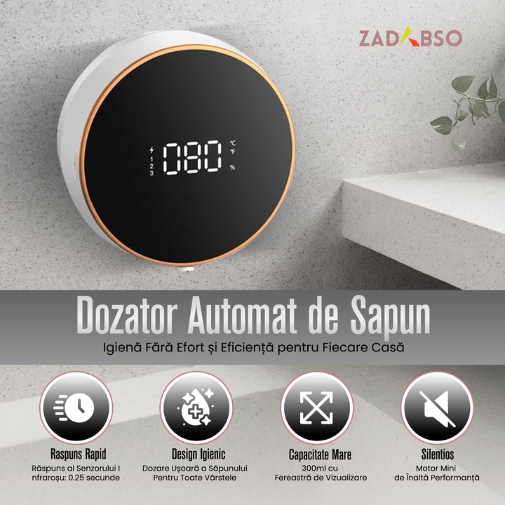 Dozator Automat Pentru Sapun Spuma sau Lichid Zadabso®, Montat pe Perete, Display Inteligent, Senzor de Miscare, fara Atingere, Baterie Reincarcabila 2000 mAh, 300 ml, Alb