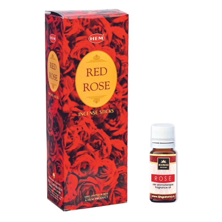 Pachet 120 betisoare parfumate HEM Red Rose si Ulei aromaterapie Rose Kingaroma, 10 ml