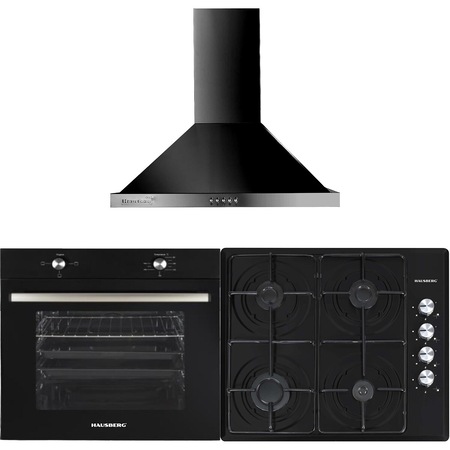 Pachet incorporabil Hausberg HB-8051NG, Electric, 2000 W, 76 l, 4 Functii, Clasa A, Plita incorporabila HB-558NG, Gaz, 3 arzatoare standard, 1 arzator wok, emailat, Hota decorativa Hausberg HB-1260NG, absorbtie 400 m3/h, 1 motor, 60 cm, Negru
