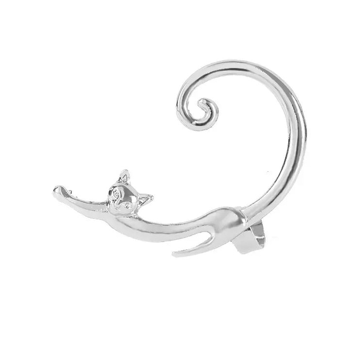 Cercel pentru urechea stanga model tip Earcuff in forma de pisicuta, placat cu argint, Tessero, argintiu
