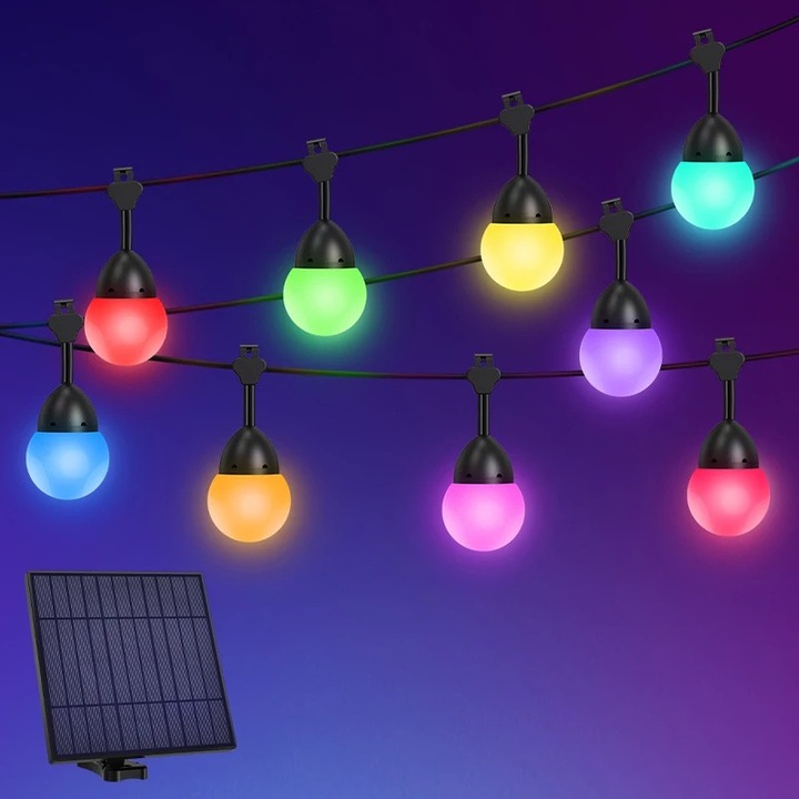 Ghirlanda solara RGB Rosario, pentru exterior si interior,18 becuri, 7,5 M, 2 acumulatori 2200mAh/3.7V, panou 5,5V