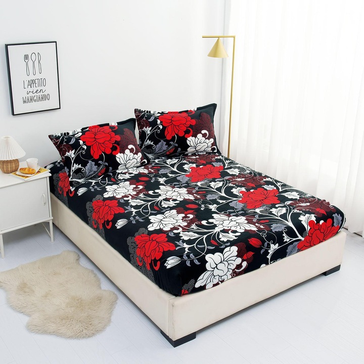 Set Husa Cocolino Premium 3 Piese, 2 Fete de Perna, 180 x 200 cm, Negru cu Flori