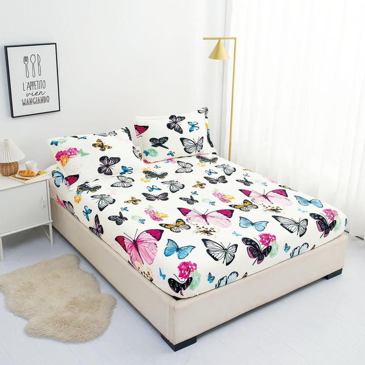 Set Husa Cocolino cu Elastic Premium, pentru Pat Dublu, 3 Piese, 2 Fete de Perna, Alb cu Fluturi