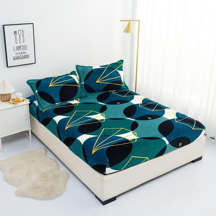 Set Husa Cocolino cu Elastic Premium, 3 Piese, pentru Pat Dublu, 2 Fete de Perna, Verde cu Forme