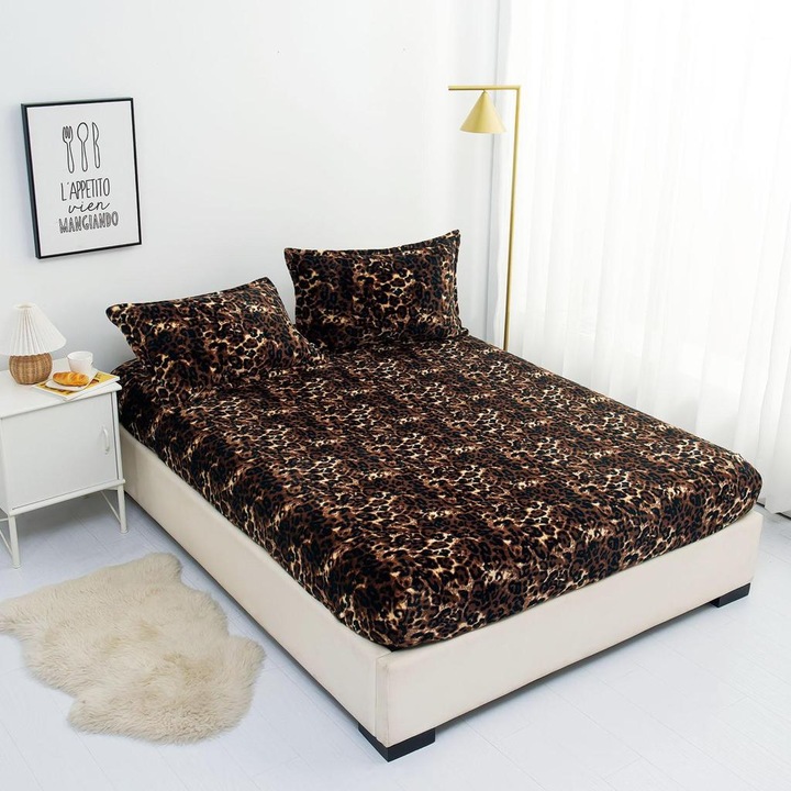 Set Husa Cocolino cu Elastic Premium, 3 Piese, pentru Pat Dublu, 2 Fete de Perna, Maro cu Pete