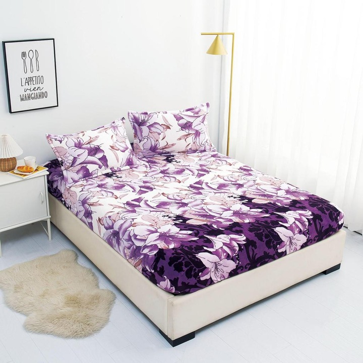 Set Husa Cocolino cu Elastic Premium, 3 Piese, pentru Pat Dublu, 2 Fete de Perna, Mov cu Flori