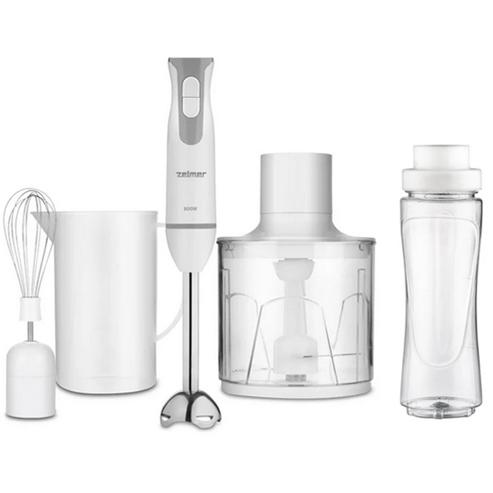 Пасатор Zelmer ZHB4554S, 800 W, Нож с двойно острие, Турбо функция, Купа 800 мл, Чопър 450 мл, Тел, Включен Sport Shaker, Бял