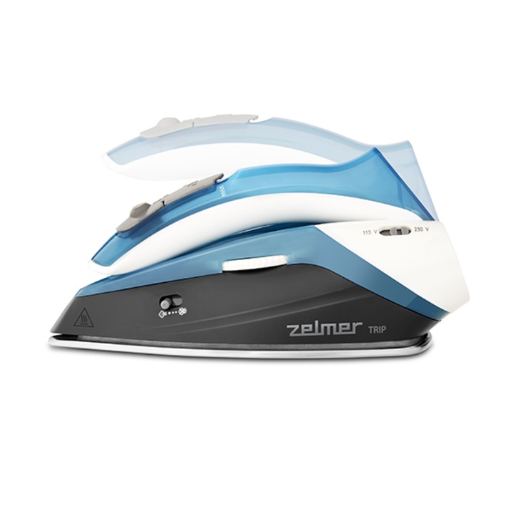 Fier de calcat voiaj Zelmer ZIR0500, 1100W, abur continuu 15g /min, jet maxim 75 g/min, talpa inox, maner ajustabil, rezervor 60 ml, cablu 1.9 m, poate fi utlizat la 2 tipuri de voltaj, albastru