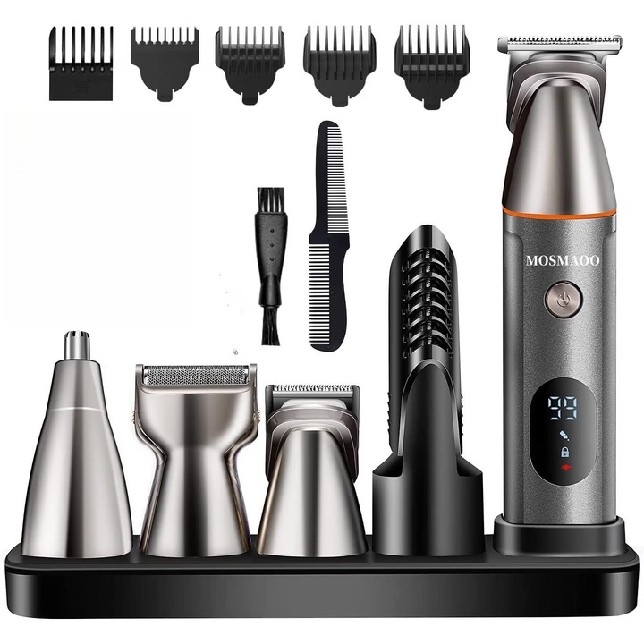 Aparat de tuns multifunctional barba si parul 5 in 1 MOSMAOO®, Lame cu ascutire, Acumulator, 5 piepteni par fata si cap, rezistent la ap, Negru