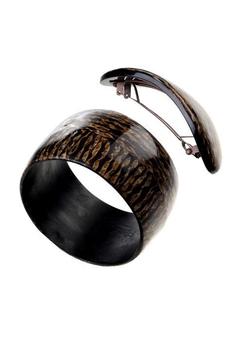 Комплект от 2 гривни и щипки за коса, Gloria Maris Handmade, Екзотично дърво, Кафяв, 10 x 4 cm