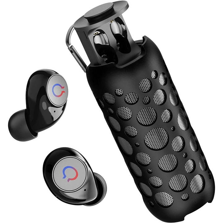 Преносим високоговорител с вградени bluetooth слушалки, Безжичен, HI-FI стерео, Surround 360°, RGB led, Черен