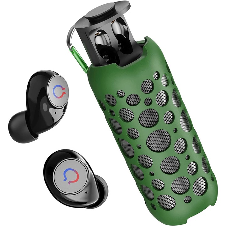 Безжичен високоговорител с вградени bluetooth слушалки, HI-FI, 360° съраунд, RGB светодиод, зелен