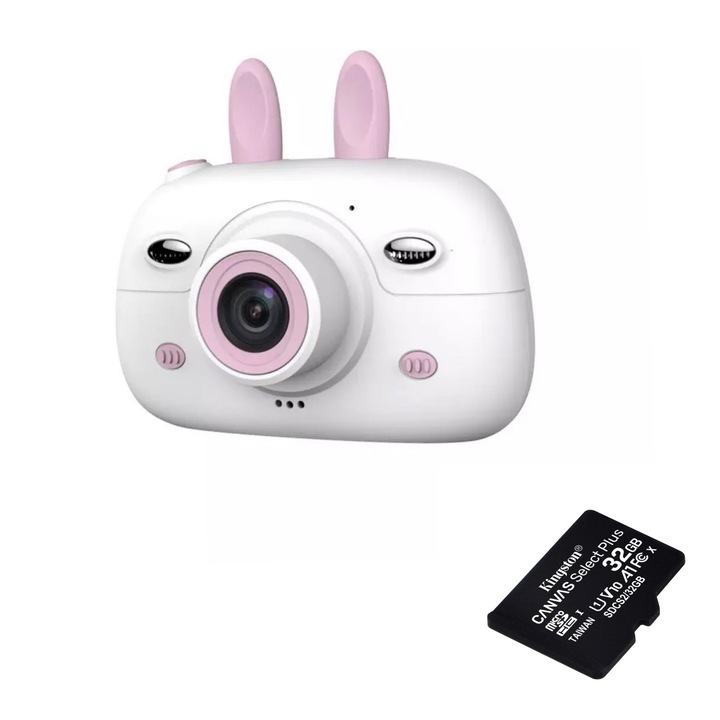 Цифров фотоапарат за деца, THD Rabbit Y6, 20 мегапиксела, MicroSD карта 32Gb, 1080p видео, бял