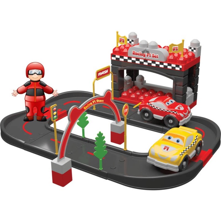 Set Constructie Curse Masini, Cuburi Magic Blocks, 50 de piese, 2 vehicule incluse