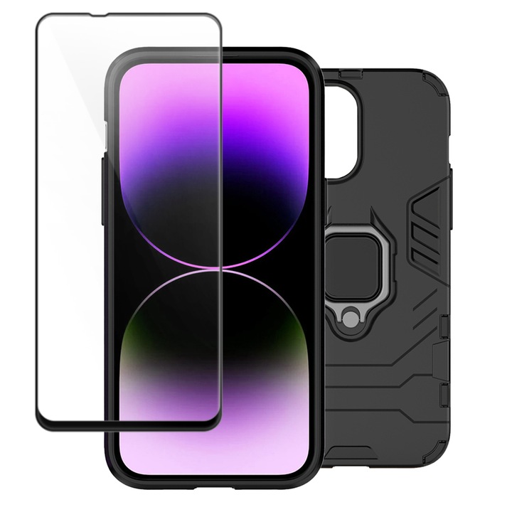 Комплект заден капак с магнитен държач Armor Ring и 5D стъклено фолио за екран FullCover за Xiaomi Redmi Note 10 5G / Poco M3 Pro 5G, метален пръстен, пълна 360° защита, здрава структура, черно, среднощно черно