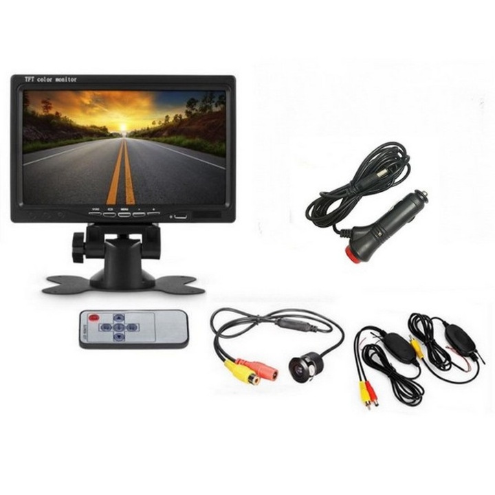 Monitor 7 inch Camera Auto Marsarier Transmitator Wireless 2.4G Adaptor Incarcator Alimentare Bricheta Tigara