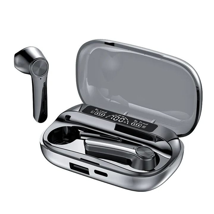 Bluetooth In Ear слушалки, Kubetron, BT5.3, Hi-Fi Sport 9D, LED дисплей, за игри и музика, сиви