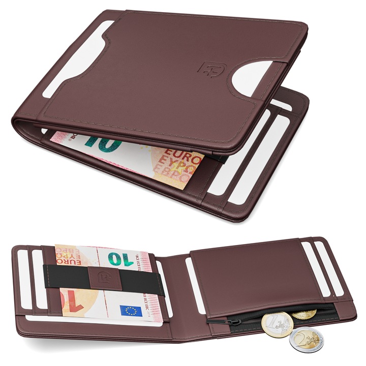 Portofel Pentru Barbati, James Hawk, 11 x 8 x 1.5 cm, Piele naturala, Uni, Fara inchidere, Barbati, Elegant, Slot Pentru Carte de Credit, Universal, Maro inchis