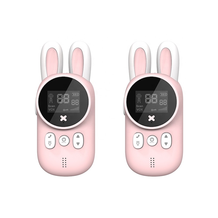 Fluffy Gyermek walkie-talkie készülék csomag, 2 darabos, antenna és zseblámpa, 3 km-es hatótáv, LCD kijelző, rózsaszín
