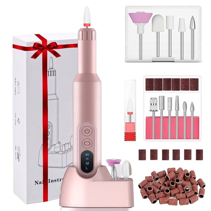 Freza unghii profesionala, BYONDSELF®, cu 12 Bit pentru unghii si 36 Banda abraziva, 18000RPM, Incarcare Wireless in Dock, Directia F/R, Display LED, Reincarcabil, Potrivit pentru gel, unghii acrilice, taiere, lustruire si pedichiura, Roz