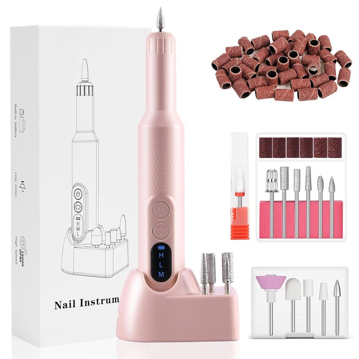Уред за маникюр BYONDSELF®, Преносим, Електрически, Зареждащ се, 18000 об./мин., С 12 бита за нокти и 36 абразивни ленти, Посока F/R, LED дисплей, Подходяща за гел, Акрилни нокти, Рязане, Полиране и педикюр, Розов