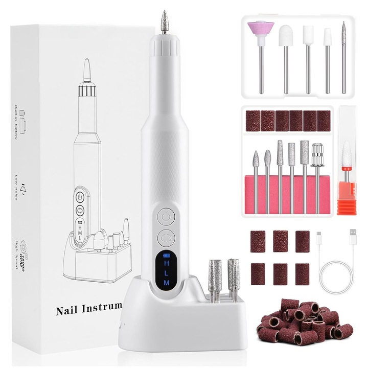 Уред за маникюр BYONDSELF®, Преносим, Електрически, Зареждащ се, 18000 об./мин., С 12 бита за нокти и 36 абразивни ленти, Посока F/R, LED дисплей, Подходяща за гел, Акрилни нокти, Рязане