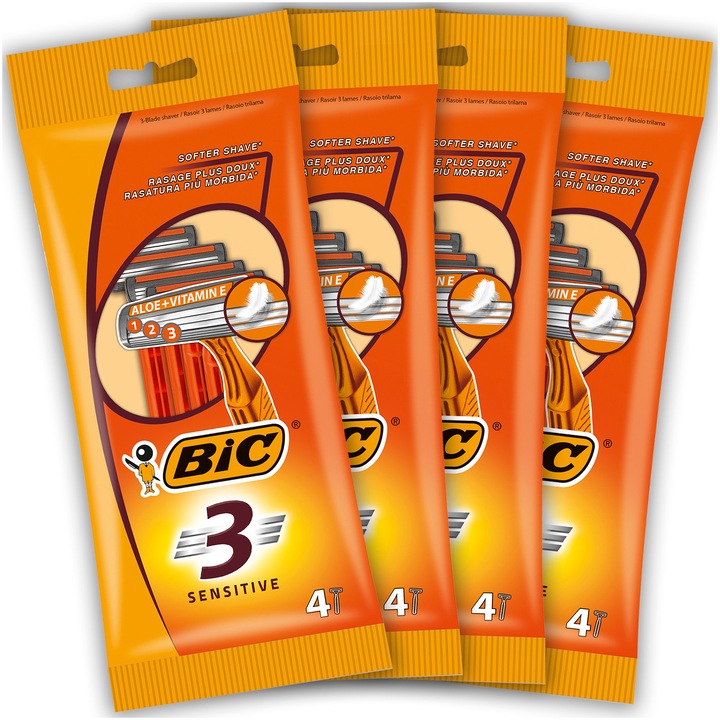Комплект от 4 самобръсначки за еднократна употреба BIC Sensitive 3, 3 остриета, 4 броя