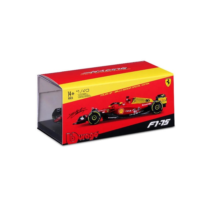 Ferrari F1 F1-75 Monza GP Olaszország 75th Anniversary N16 2022 Charels Leclerc makett vitrinnel és vezetővel, 1:43 Bburago Signature, 1:43