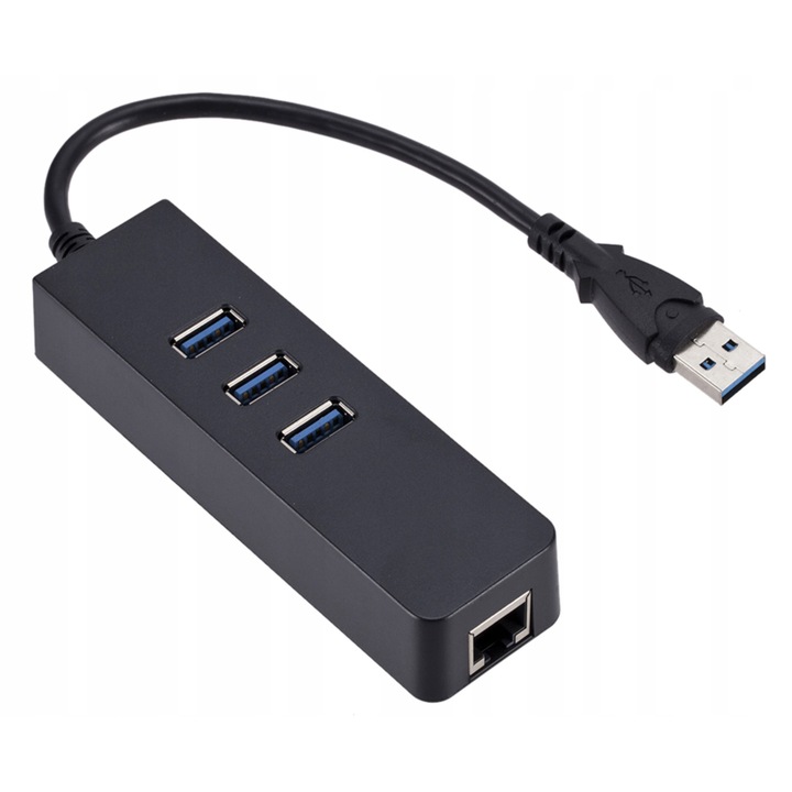 Ethernet адаптер, USB 3.0 към RJ45, 3 x USB, 1000 Mbps, 15,5 cm, черен