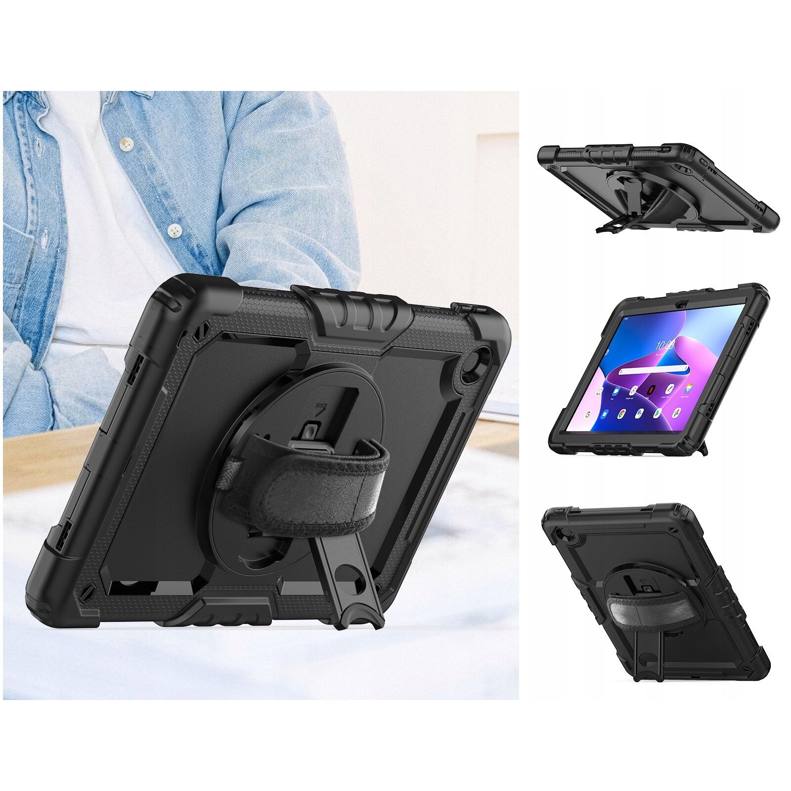 Husa tableta, Compatibila cu Lenovo Tab M10 Plus 10.6 2022, Maner, Poliuretan/Silicon/Sticla, Negru