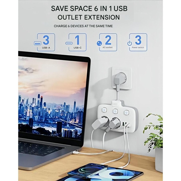 Адаптер BYONDSELF®, 2 предни контакта, 3 USB, 1 Type-C, 6 в 1, Бързо зареждане 20W, Бял