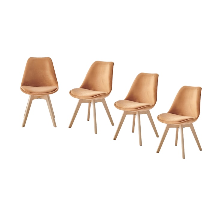 Set 4 scaune dining / bucatarie Kring Astrid, tapiterie catifea, picioare lemn, Portocaliu